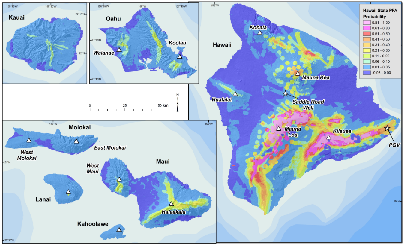 The Department of Energy investments in adapting play fairway analysis to geothermal exploration could yield significant additional power from energy hidden deep in the Earth. In this graphic, the University of Hawaii team  presented  the probability map generated in Phase 1 of their project work. 