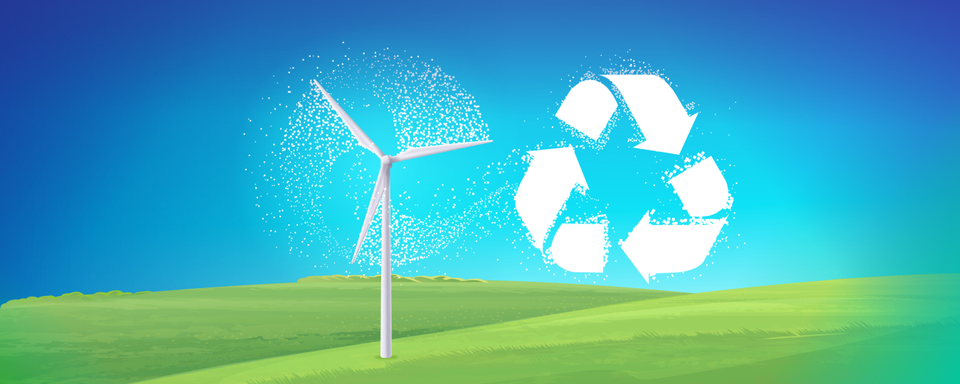 Illustration of a wind turbine and the recycling logo. 