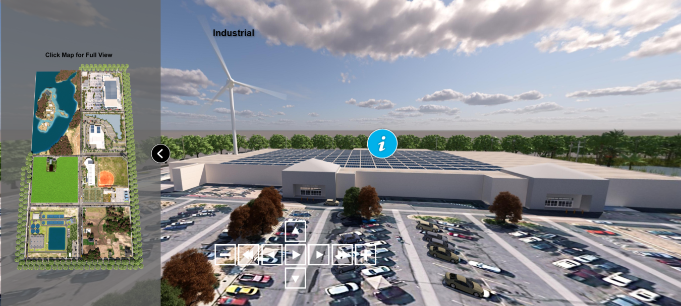 On the left, a birds-eye view of a three-dimensional area of sectioned land and water and, on the right, a three-dimensional graphic of a large factory behind a surface parking lot next to a wind turbine and supporting.