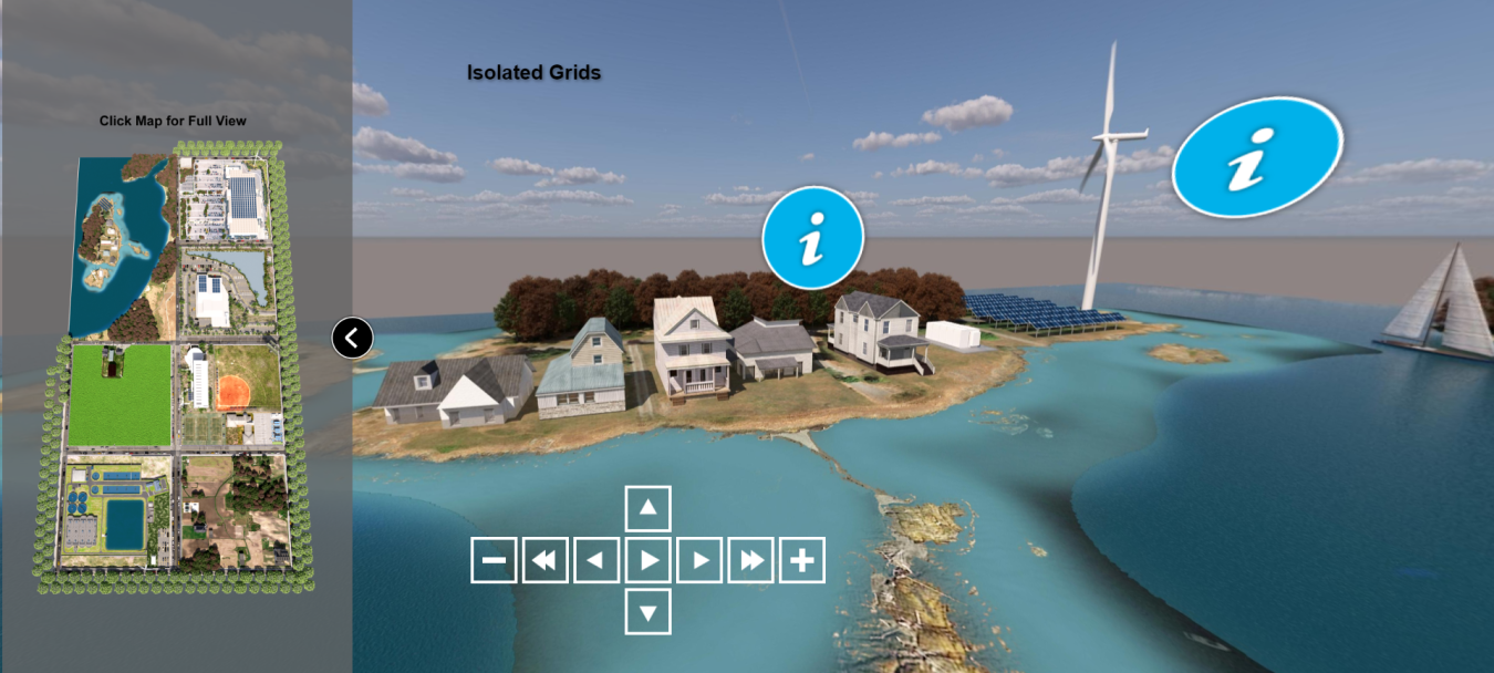 On the left, a birds-eye view of a three-dimensional area of sectioned land and water and, on the right, a three-dimensional graphic of a row of houses on an island next to a solar array and wind turbine.