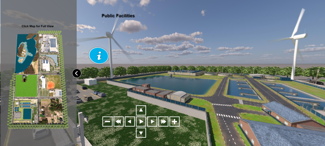 On the left is a birds-eye view of a three-dimensional area of sectioned land and water an don the right is a three-dimensional graphic of wind turbines next to a wastewater plant.