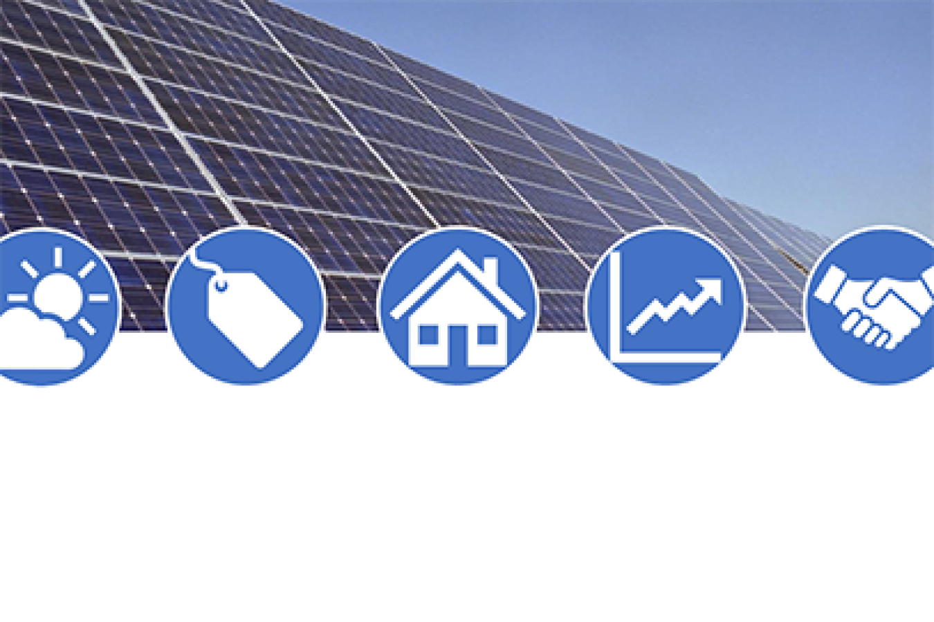 A presentation slide from the training series with solar panels in the background. In the foreground. There are five icons in representing the perks of energy efficiency. There is no text.