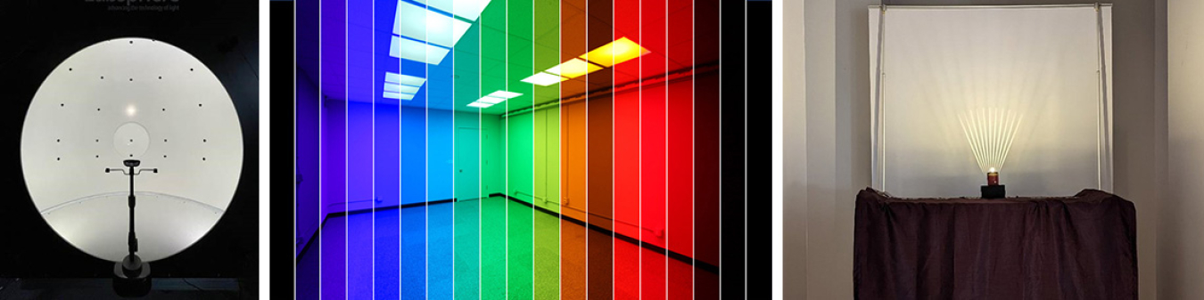 At left, PNNL’s glare evaluation apparatus; at center, a room overlayed with vertical stripes representing the color spectrum; at right, PNNL’s experimental setup for flicker visibility testing.