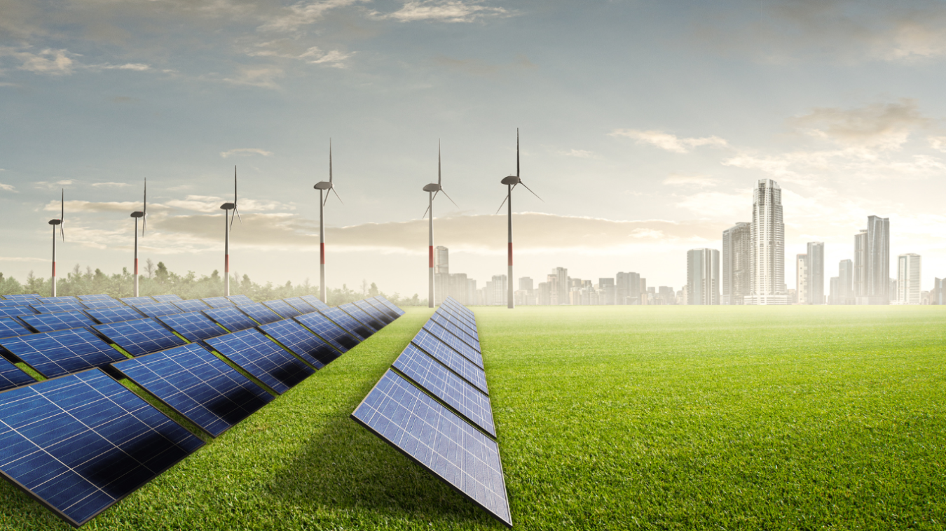 Image of solar panels and wind turbines