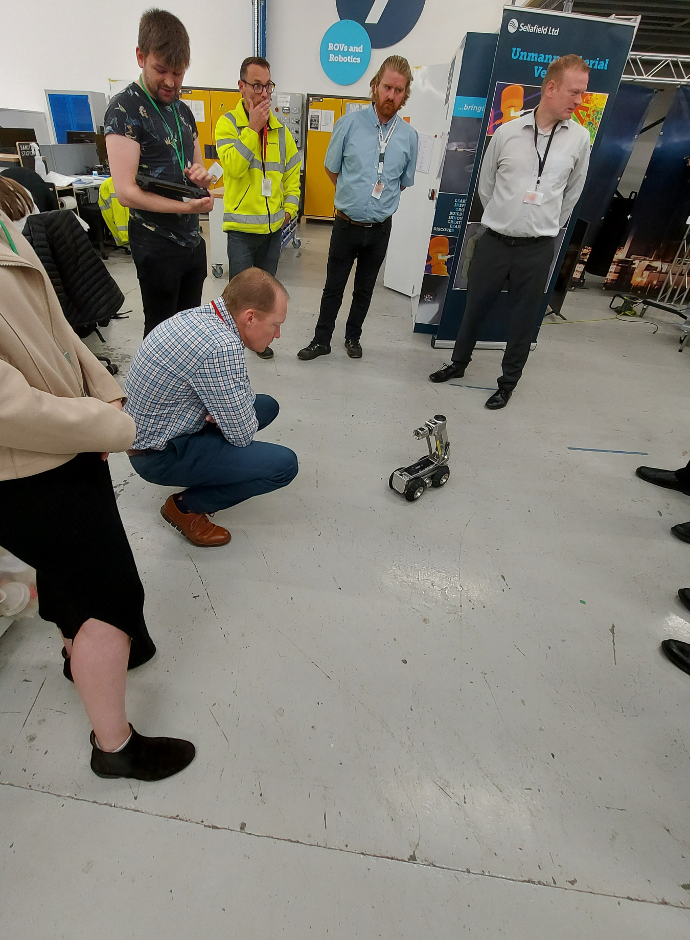 A team from EM and Sandia National Laboratories participated in a demonstration of a pipe-crawling robot used for site inspections at the Sellafield Engineering and Maintenance Centre of Excellence.