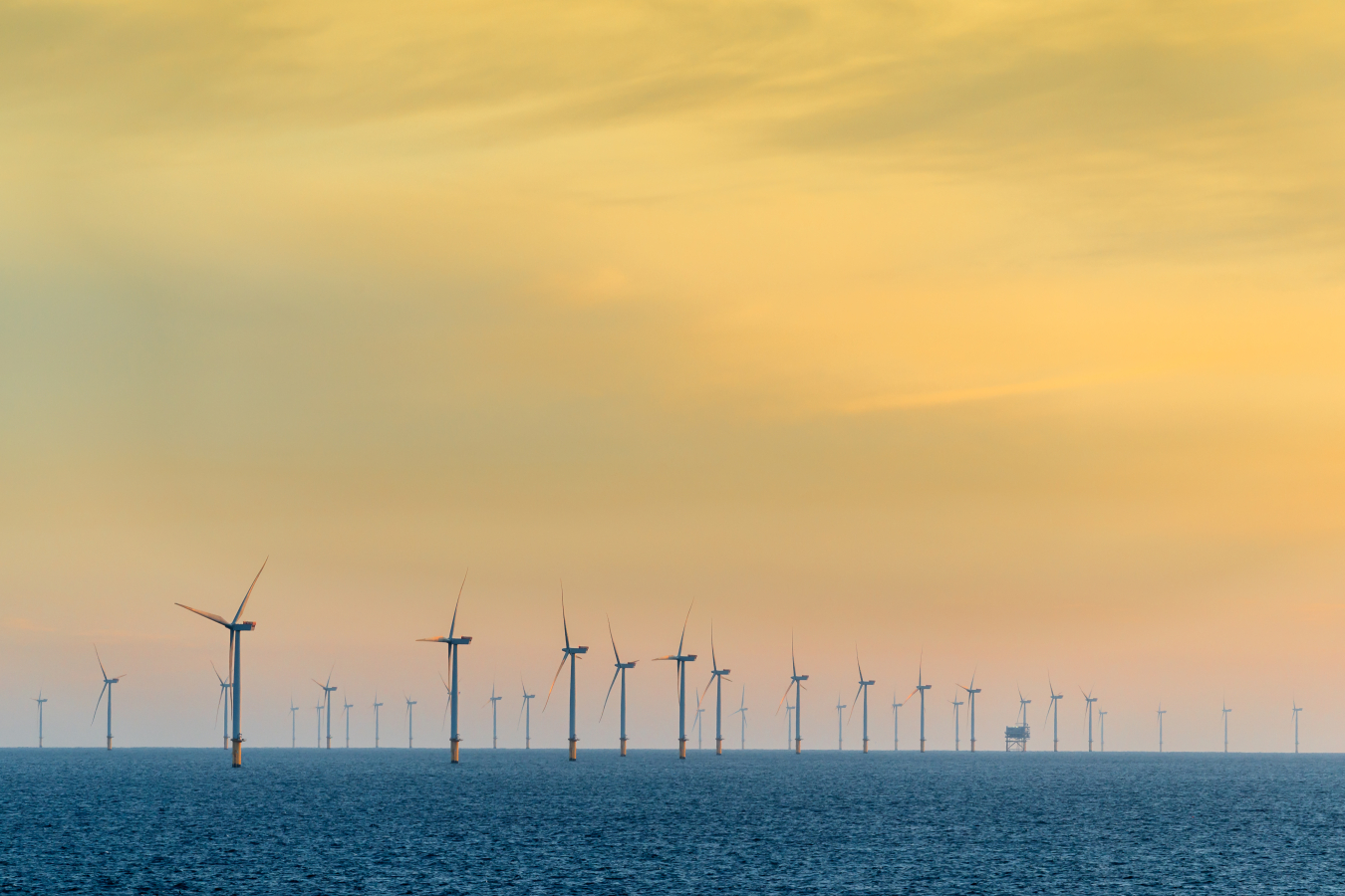 Sunset behind a coastal wind farm