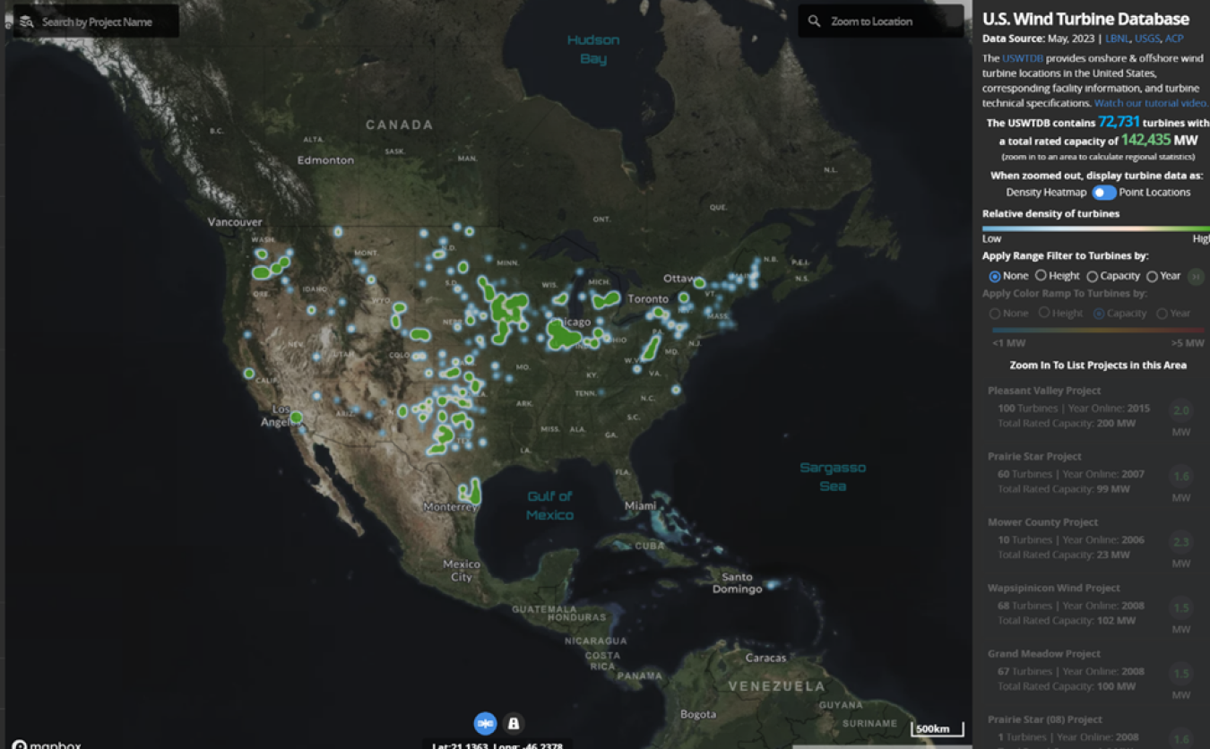 Screenshot of a North American map database showing U.S. Wind Turbines. 