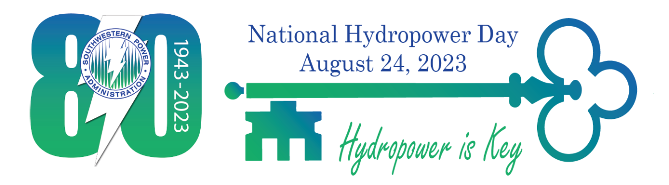 80th anniversary SWPA logo with old key and text: National Hydropower Day August 24, 2023: Hydropower is Key