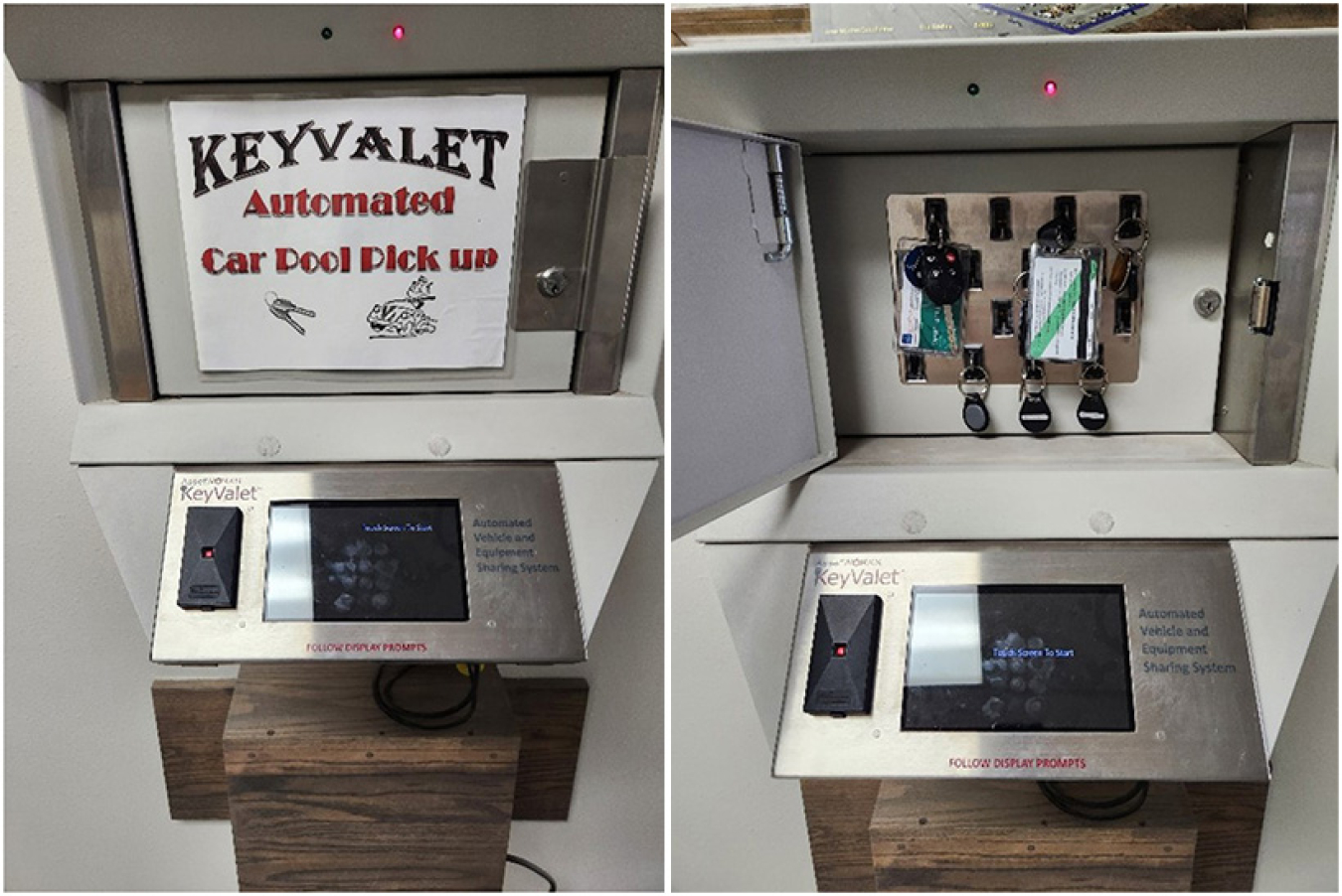 Two images side-by-side of the same kiosk with a touchscreen. The picture at left shows the kiosk door closed with a sign, "Key Valet: Automated Car Pool Pick up." The photo at right shows the kiosk open, revealing several car keys.