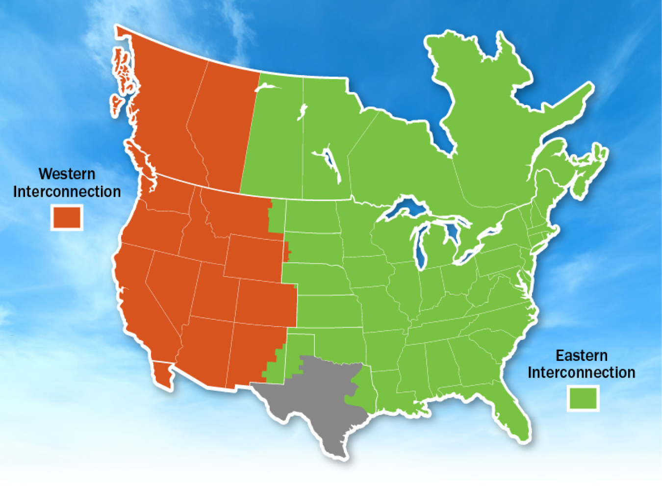 Map of North America showing the Western and Eastern Interconnections.