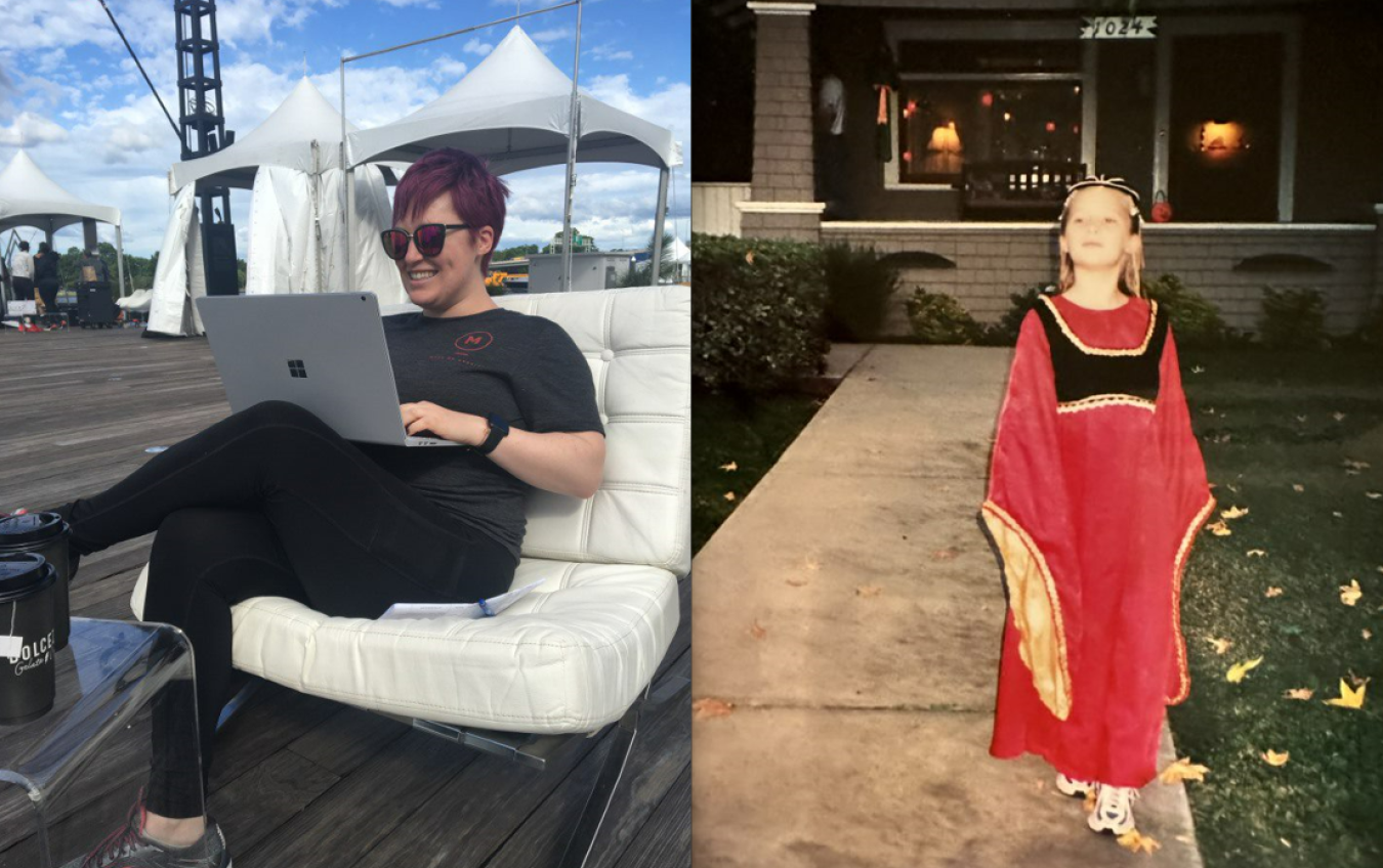 (left) Maxine Hillman sitting outside with a laptop on her lap / (right) Maxine dressed up as a Medieval princess as a child