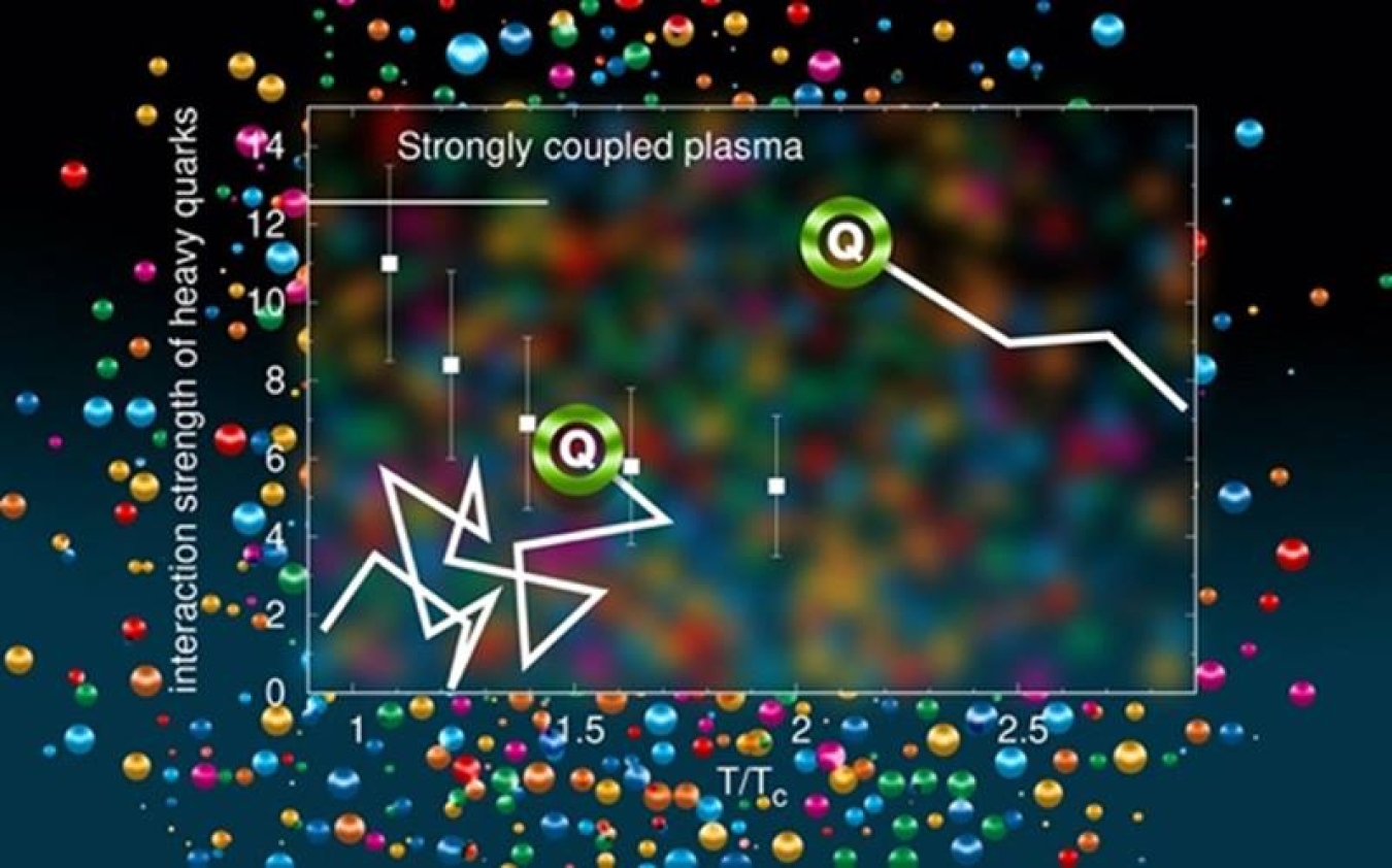 Heavy quarks (Q) interact most strongly with quark-gluon plasma (QGP)—exhibiting a short mean free path (zig zags)—near the transition temperature (near T/Tc = 1, in lower left), and less strongly with a longer mean free path at higher temperatures.