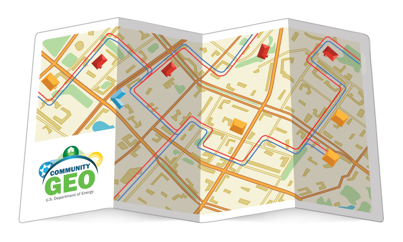 An illustration of a streetmap showing hot and cool piping running under streets to supply a community with heating and cooling