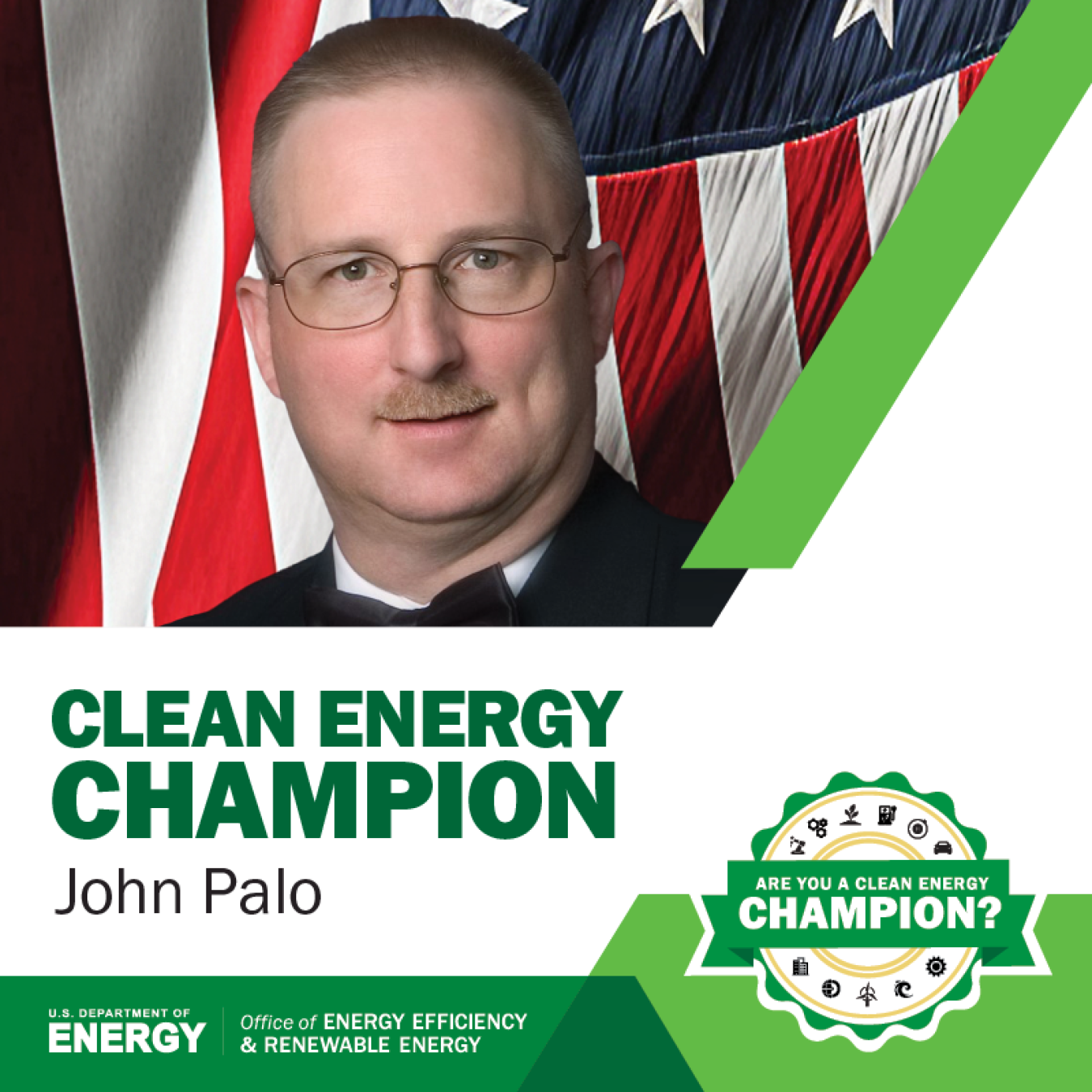 Clean Energy Champion banner with John Palo