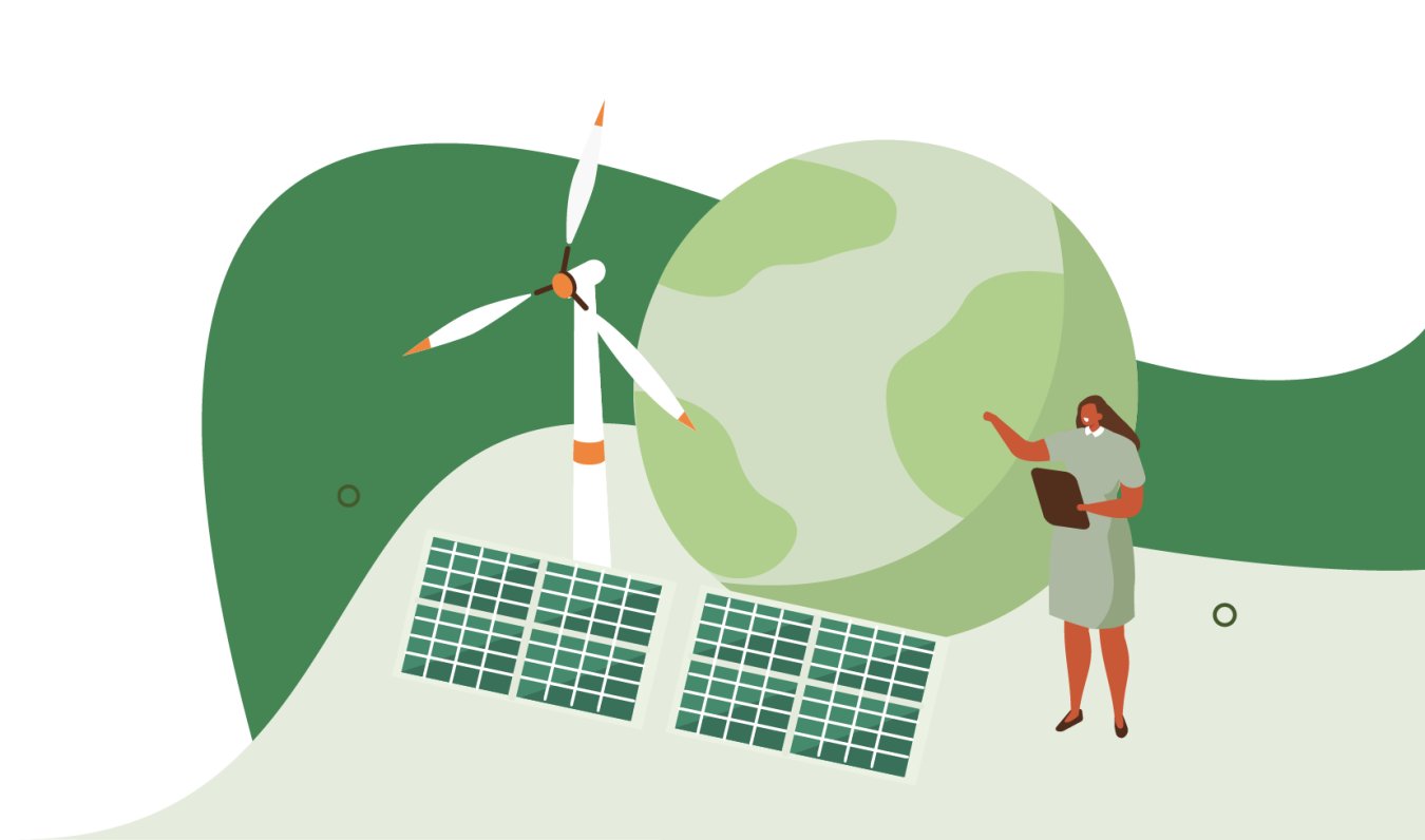 Image of woman next to Earth, solar panels, and windmill