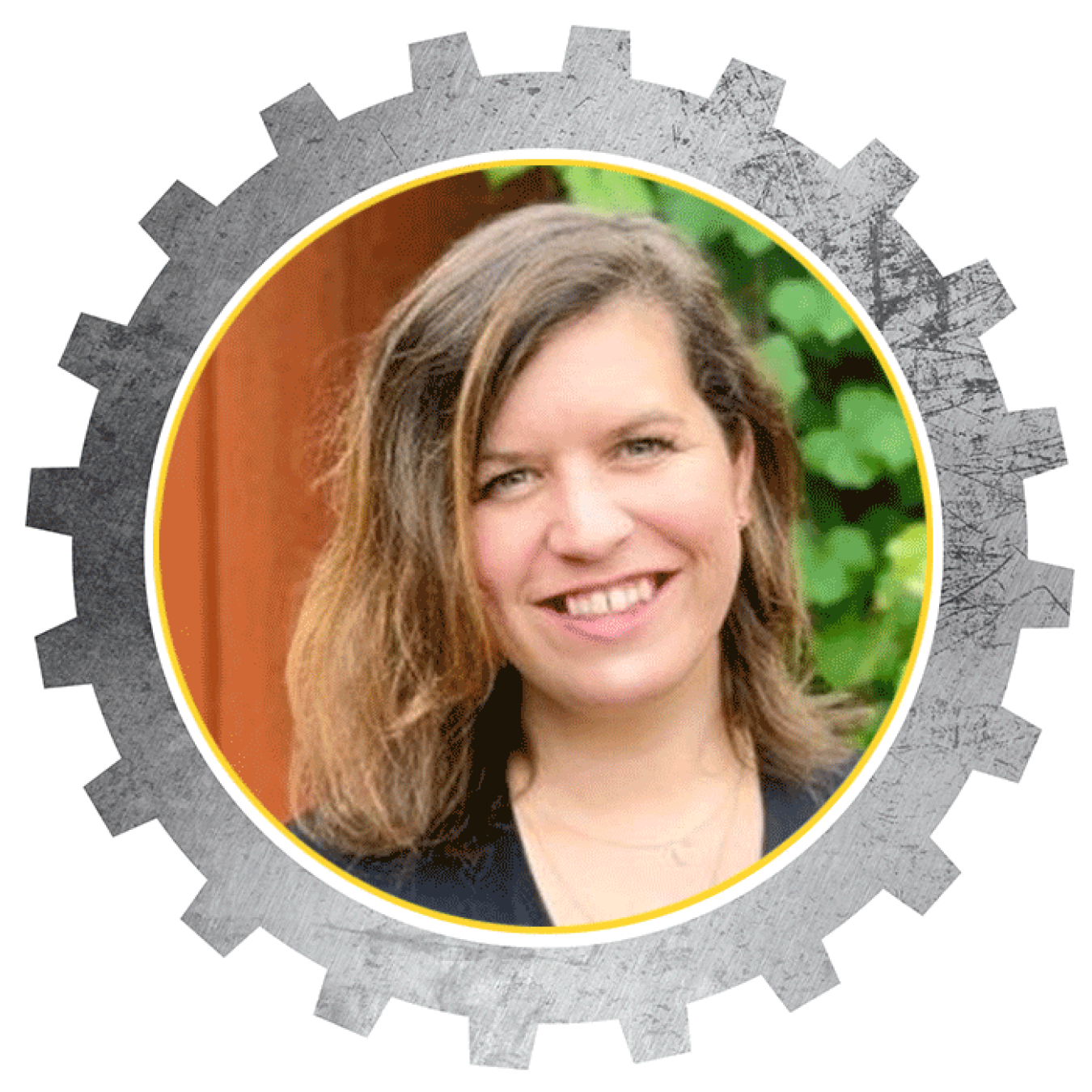 Headshot of a woman smiling inside a designed cog.