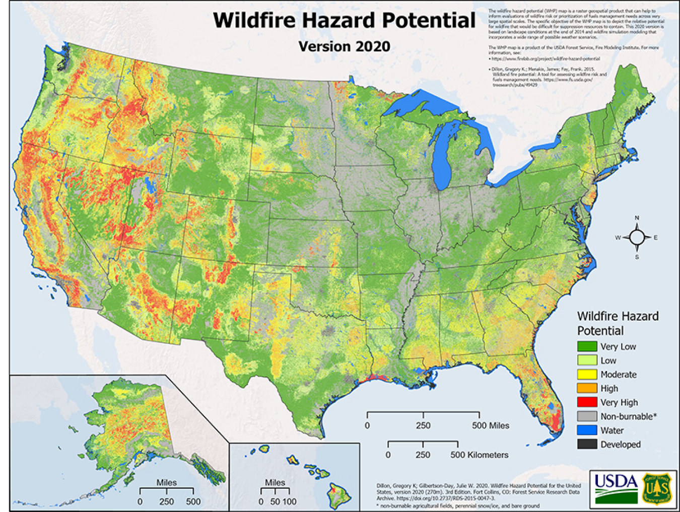 A map illustrating wildfire hazard potential across the United States.