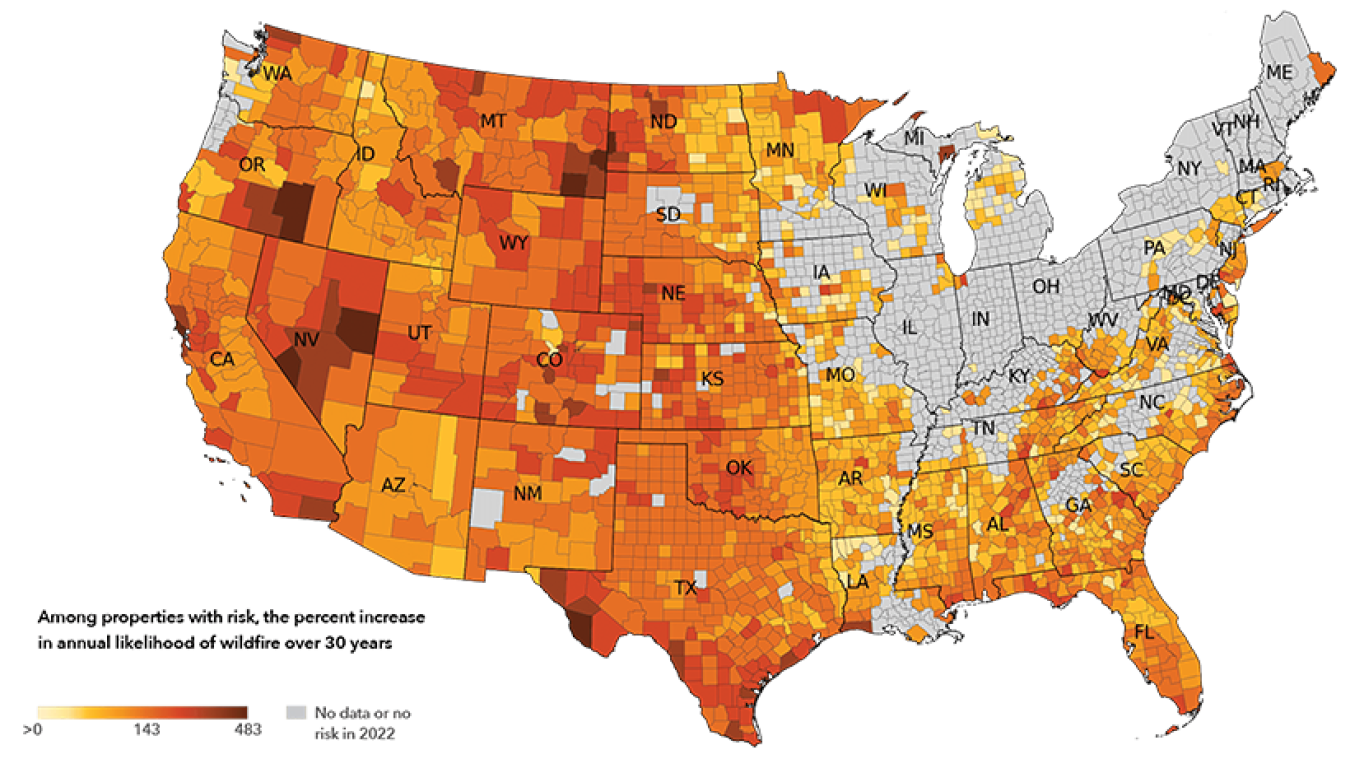 A map illustrating the likelihood of wildfire risk in the next 30 years.