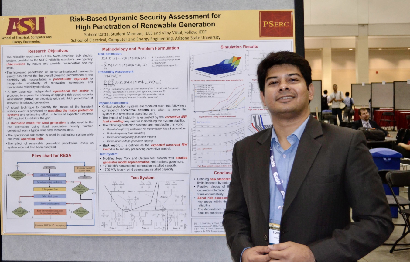 Sohom Datta standing in front of a scientific poster in a large room