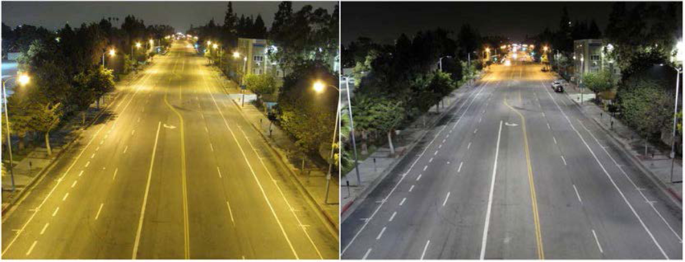 Side-by-side images of a road at night with HPS lights, at left, and LED lights, at right.