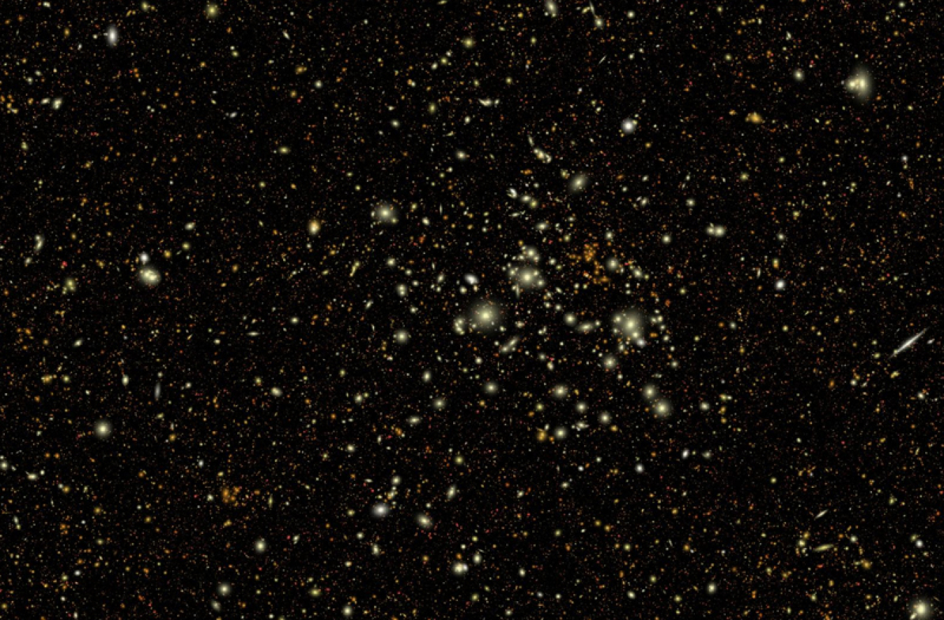 A simulated image with hundreds of thousands of galaxies, with a cluster of bright yellow ones in the left-hand side