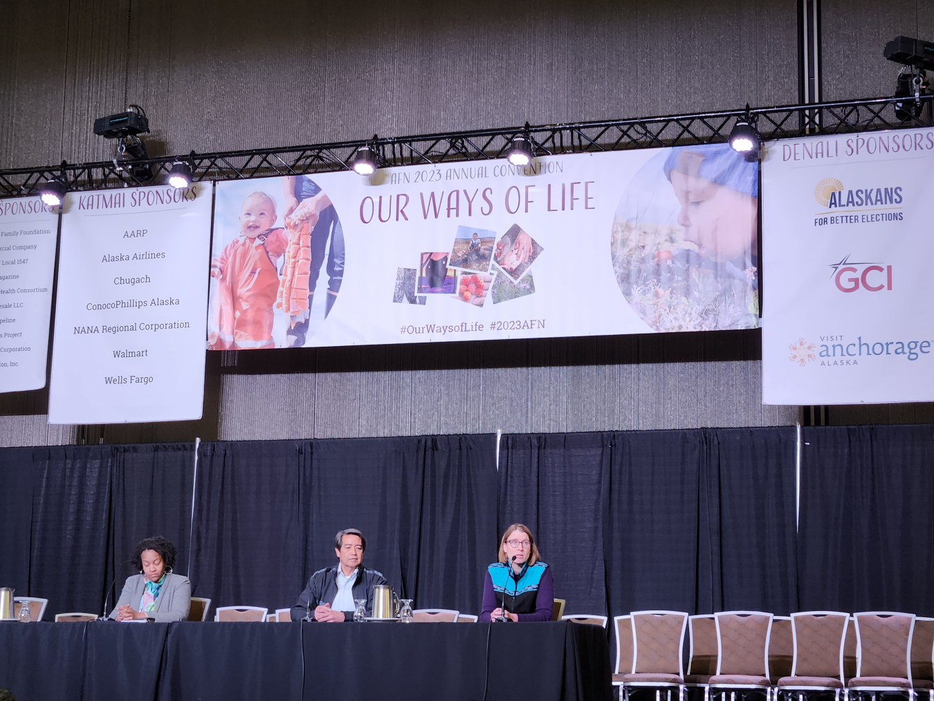 Director of the Arctic Energy Office Erin Whitney announced the launch of the Arctic Energy Ambassadors Program on stage at the Alaska Federation of Natives Convention on Friday, October 20, 2023.