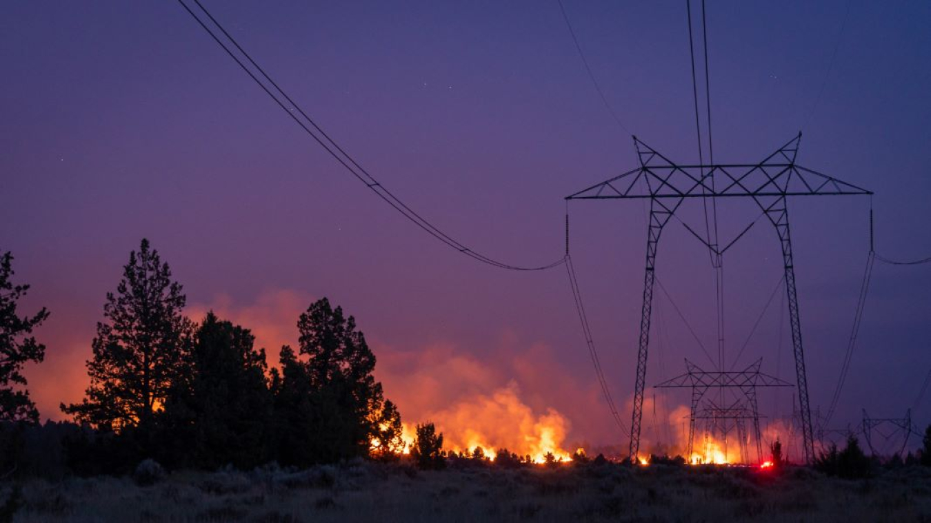 Wildfires rage around trees, transmission towers, and power lines against a deep purple sky in the background.