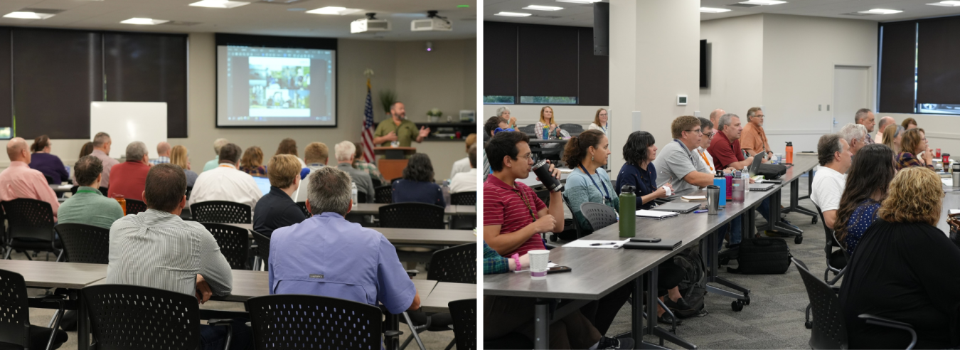 Two side by side photos show a group of people in classroom listening to speaker. 