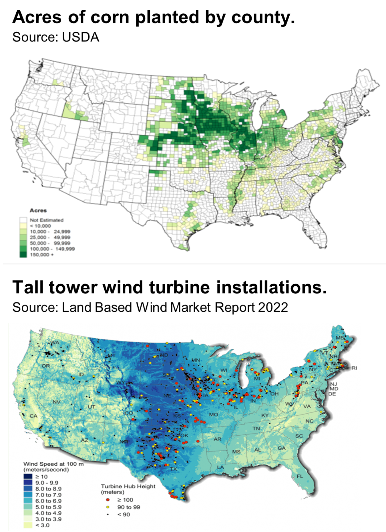 Where Wind and Corn Are King—The states that grow the most corn are among the windiest in the country, providing amply opportunity to co-locate turbines in corn fields to supply power to electrolyzers.