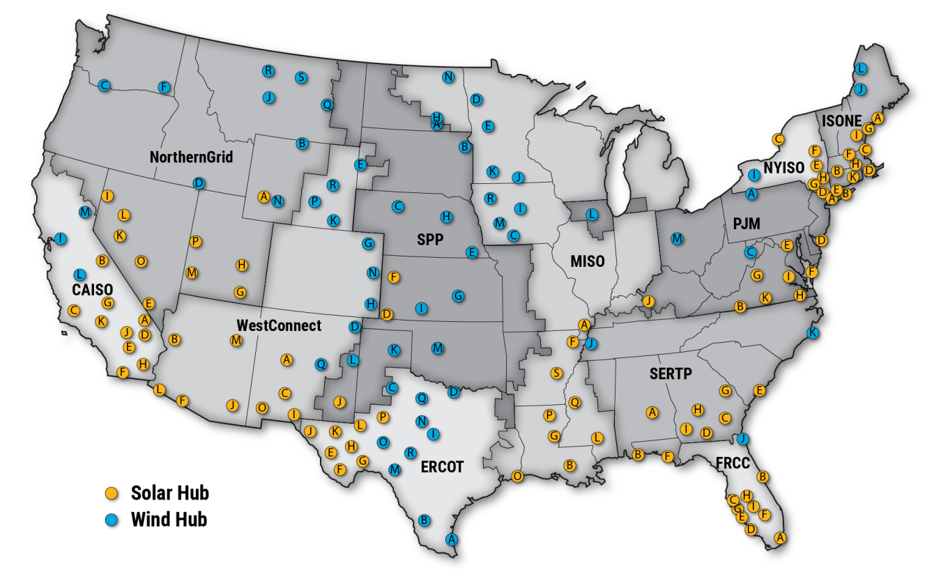 A map of the continental United States of America shows the California Independent System Operator; NorthernGrid; WestConnect; Southwest Power Pool; Electric Reliability Council of Texas; Midcontinent Independent System Operator; Southeastern Regional Transmission Planning; Florida Reliability Coordinating Council; Pennsylvania, Jersey, and Maryland; New York Independent System Operator; and the Independent System Operator New England transmission planning regions.