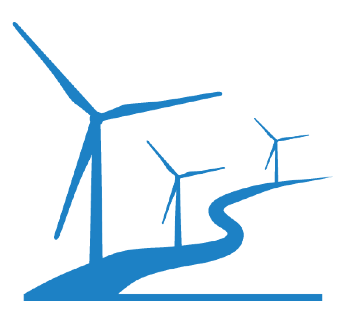 Illustrations of wind turbines along winding road. 