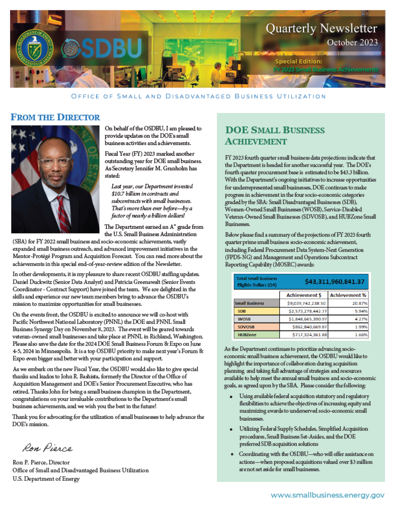 Cover page of OSDBU Quarterly Newsletter October 2023