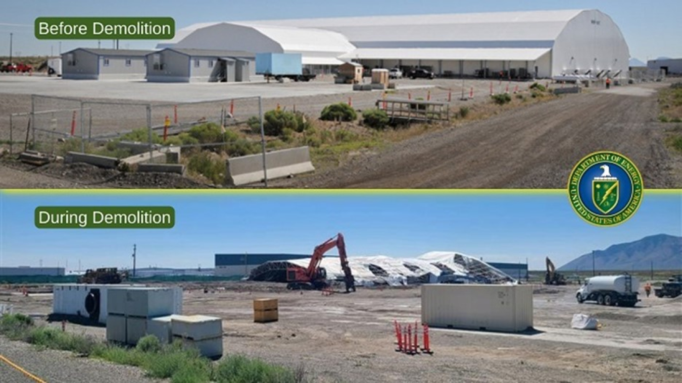 An area at the INL site before and after demolition of a waste exhumation facility