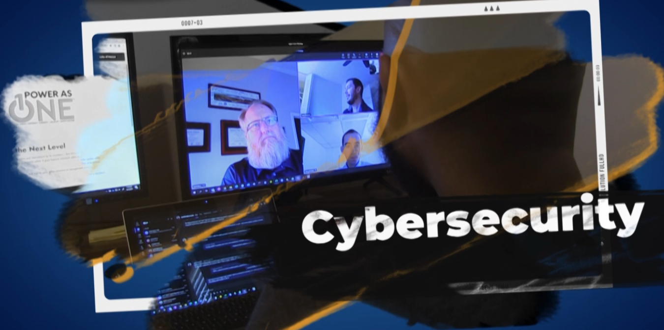 Cybersecurity graphic with 2 men on a Zoom call