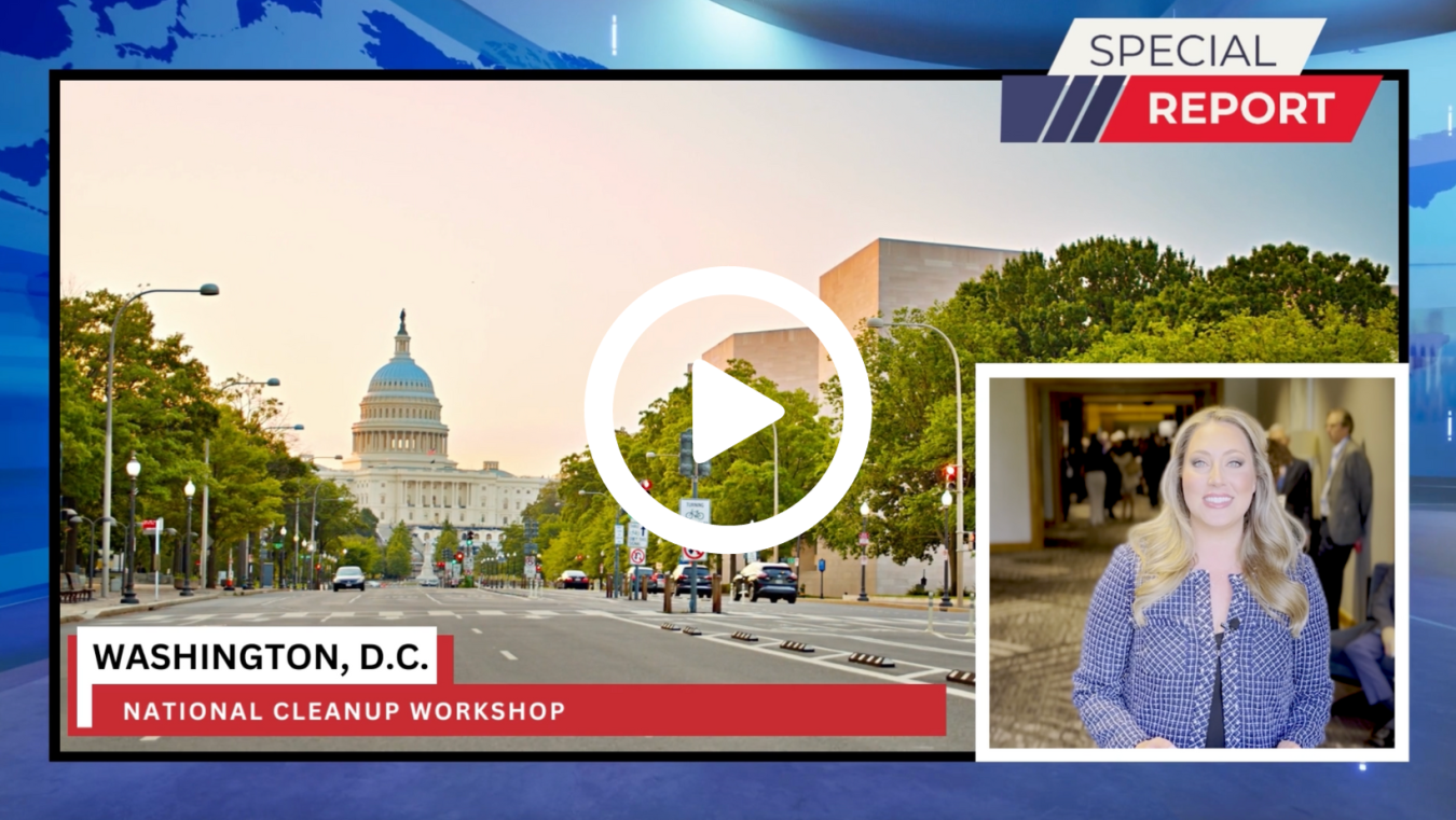 Street view with U.S. Capitol pictured with insert photo of woman with a play button.