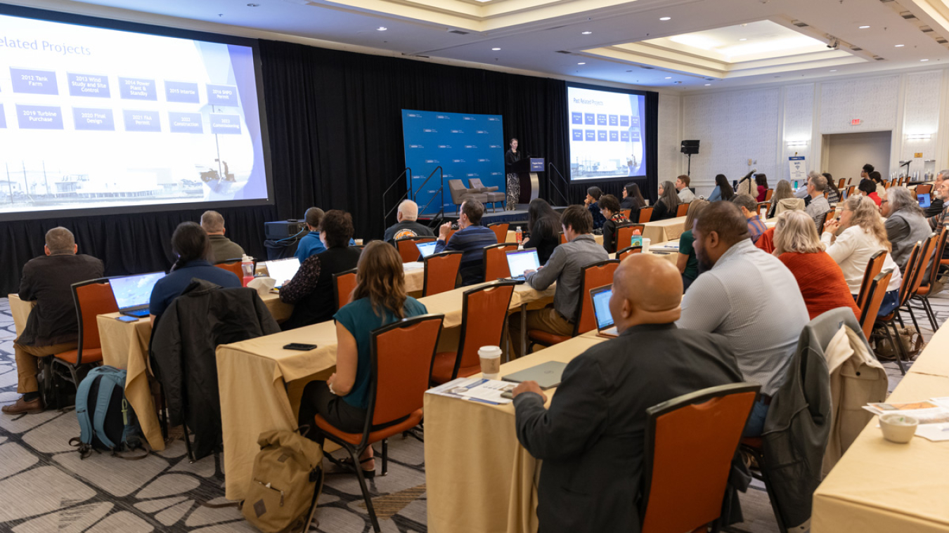 An audience watches a presentation in a hotel ballroom.