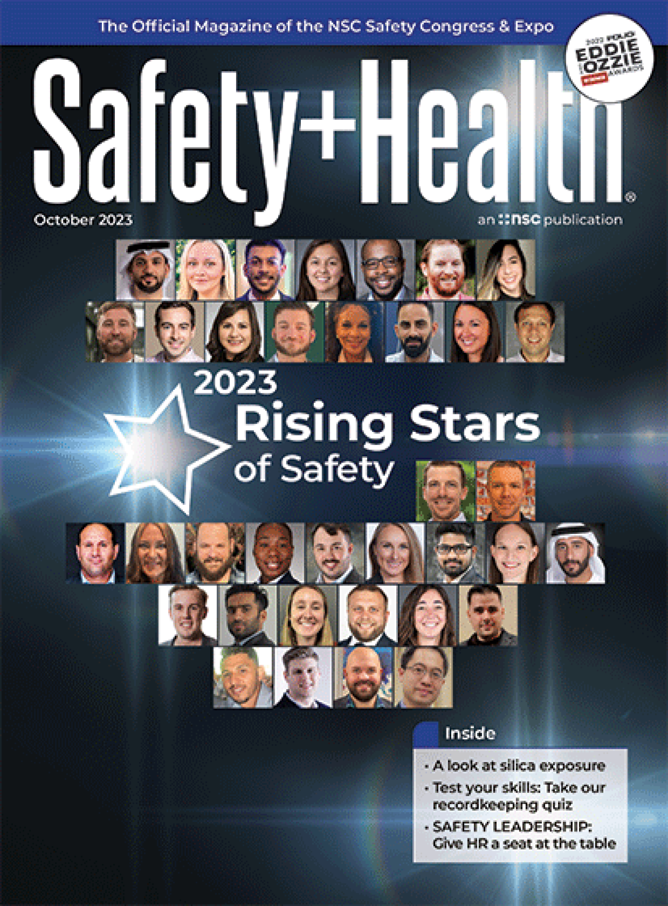 Safety + Health magazine cover with the faces of the 2023 Rising Stars of Safety