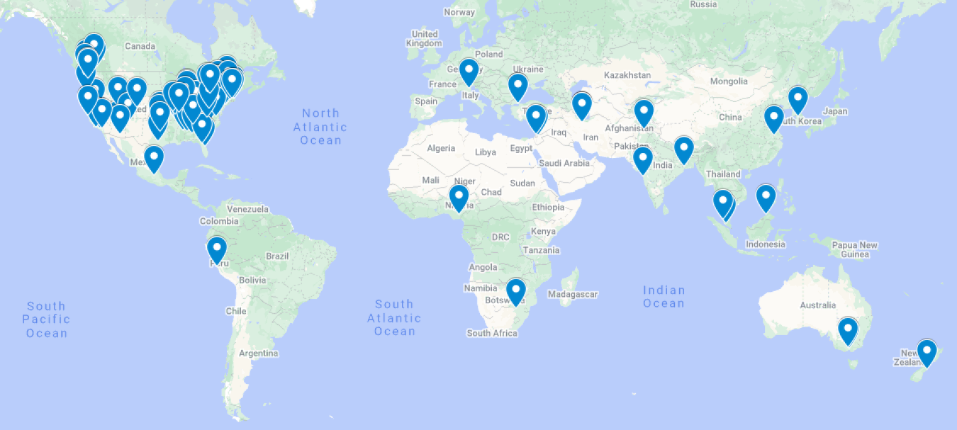 Map of the United States with points labeled for where the Design Challenge participating teams are located.