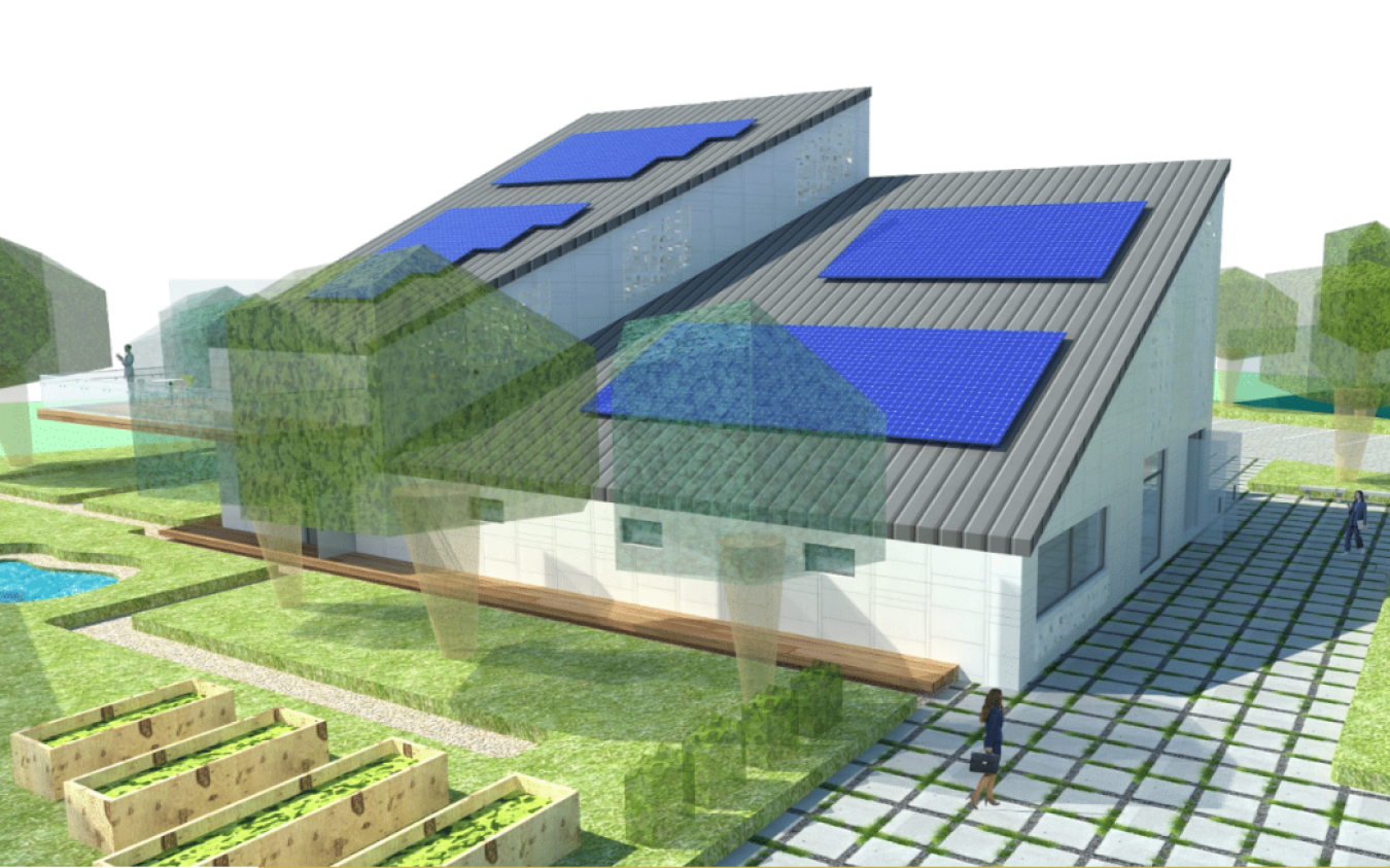 Artist's rendering of a building with solar panels on the roof and landscaping around it.