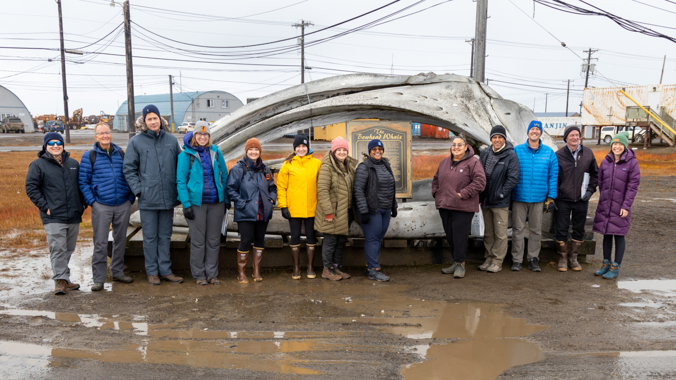 A group of people in cold-weather clothing stand in front of a huge whale skull. The ground is muddy and full of puddles and there is a gray sky in the background.