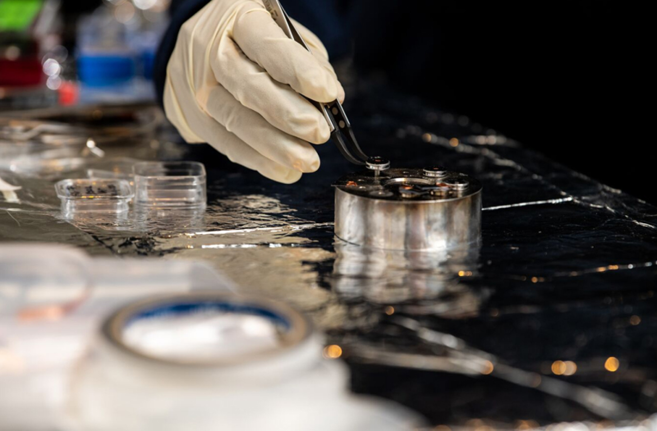 A gloved hand holds tweezers to place a tiny sample on a metal cylinder, which is on foil.