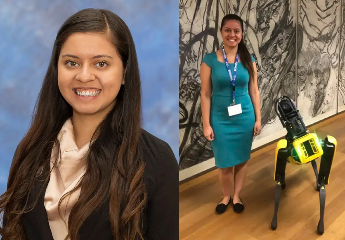 left: headshot of Mariana. right: Mariana standing with robot