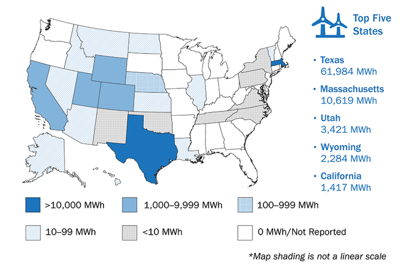 A heat map indicating the use of renewable electricity with on-site wind energy projects.