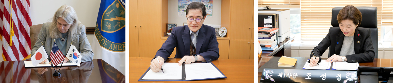 In three separate photos, two women and a man sign documents at desks.