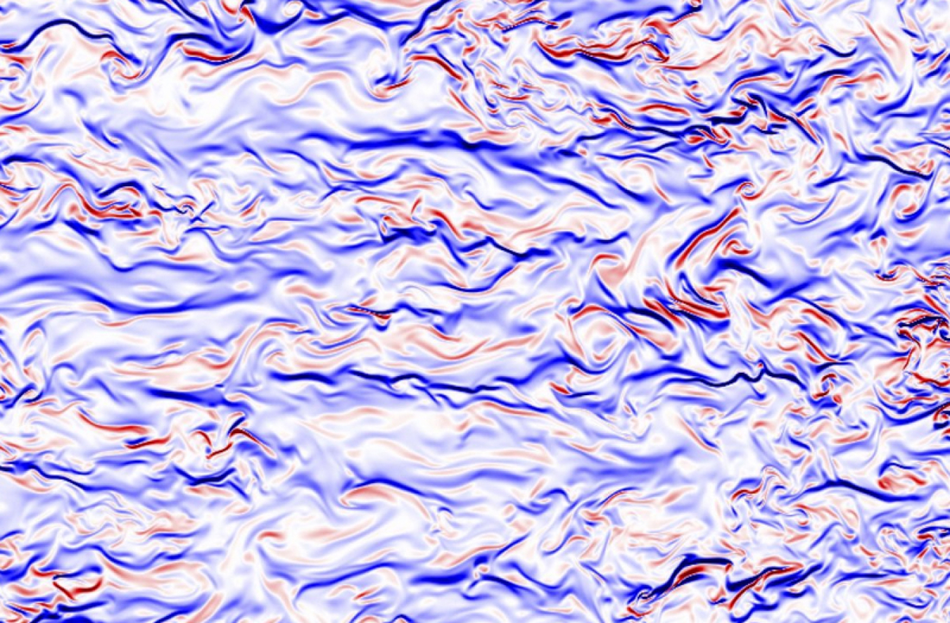 A computer simulation of ocean water, with turbulent patterns represented by red and blue swirls on a white surface.