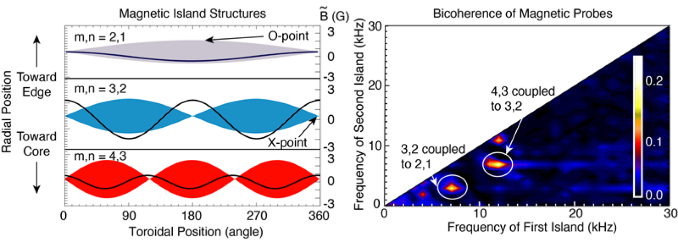 Magnetic island structures can exist in a tokamak at different radial locations (left), but couple to each other as their speeds match. The coupling strength is indicated in the combined value of the different wave frequencies (right).