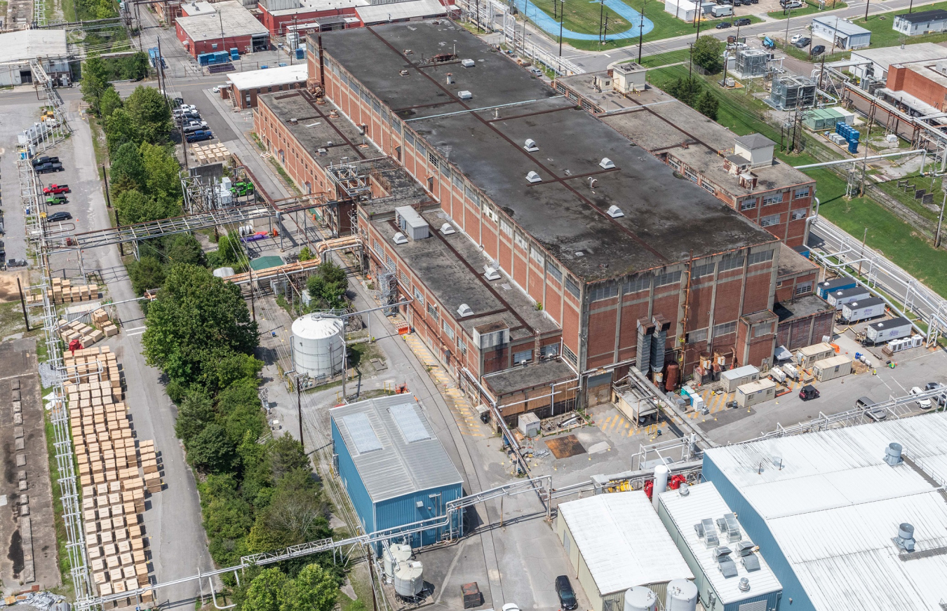 Aerial view of a large factory building