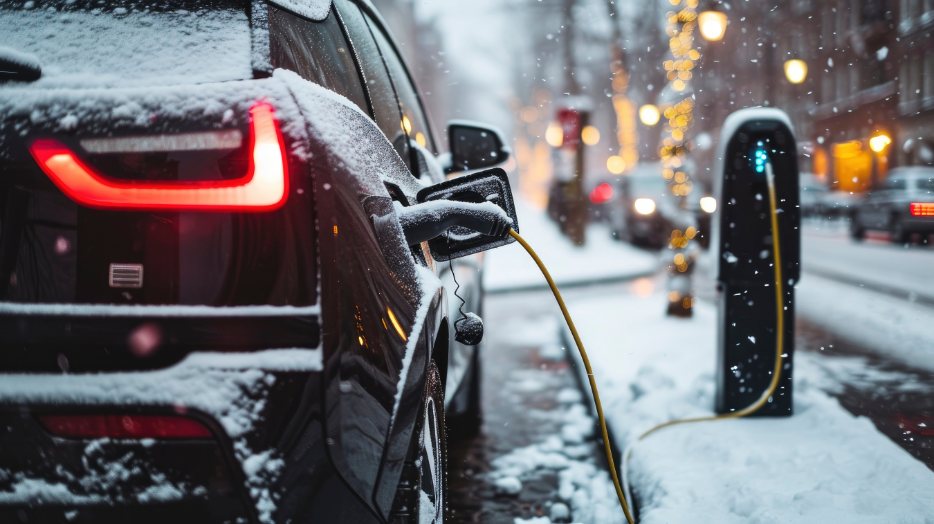 An electric car is parked at a charging station in the snow.