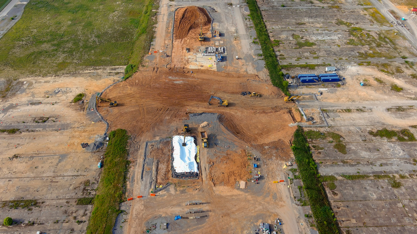 Aerial view of a large soil filled field