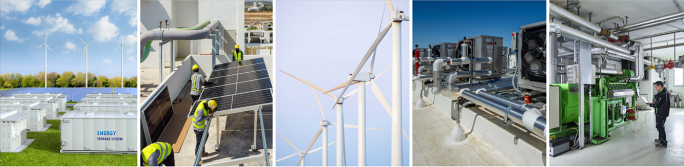 A collage of energy storage units, solar panels, wind turbines, and factories